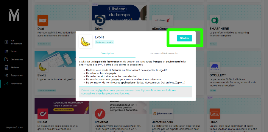 Aperçu du bouton "générer" d'un connecteur