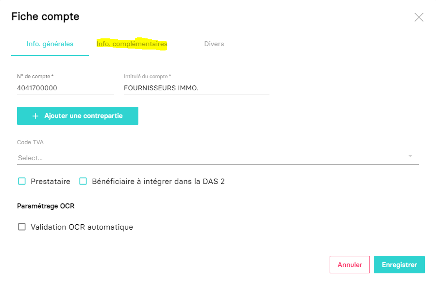 Aperçu de la fiche de compte