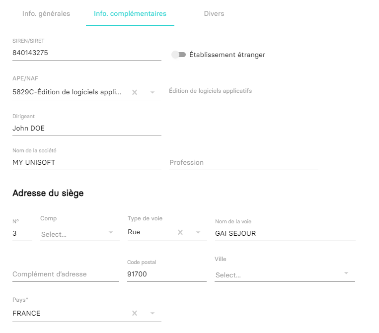 Aperçu des informations complémentaires d'un compte