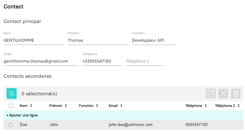Aperçu de la fiche de compte contact