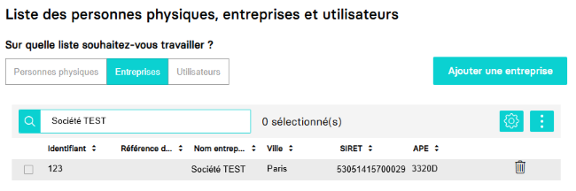 Aperçu liste des entreprises