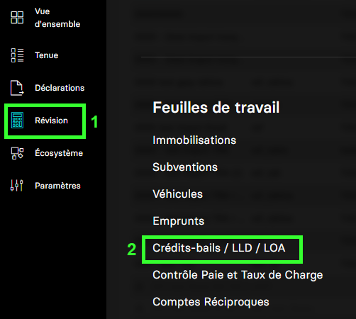Aperçu menu révision feuille de travail crédit bail