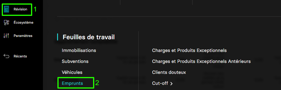 Aperçu du menu révision feuille de travail emprunts