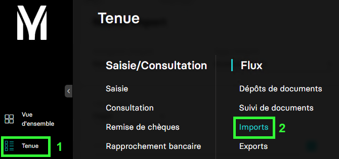 Aperçu du menu de tenue flux imports